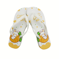 Girls’ flip-flop sandals, white upper with sleeping bunny on an orange blanket and gold text.