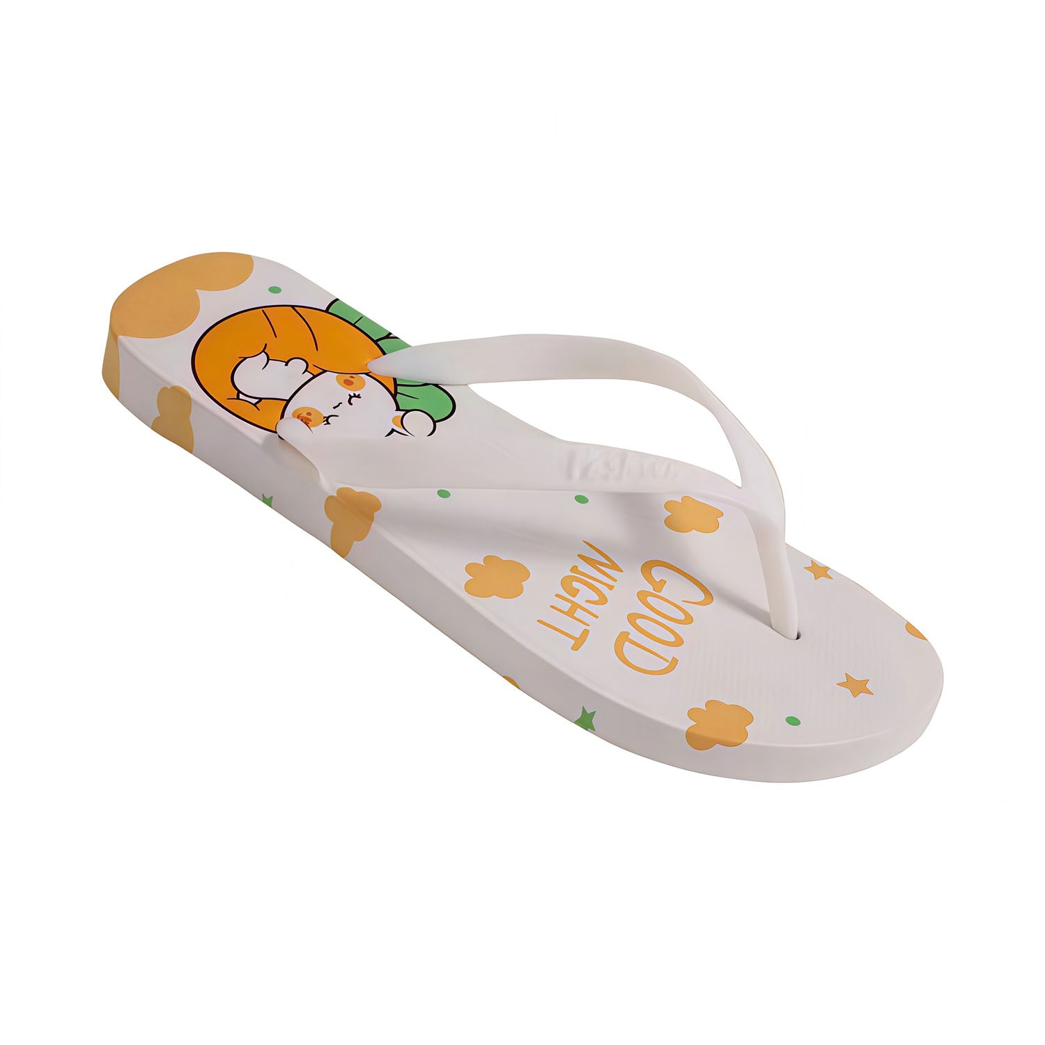 Girls’ flip-flop sandals with white thong strap and sleeping bunny print on the top.