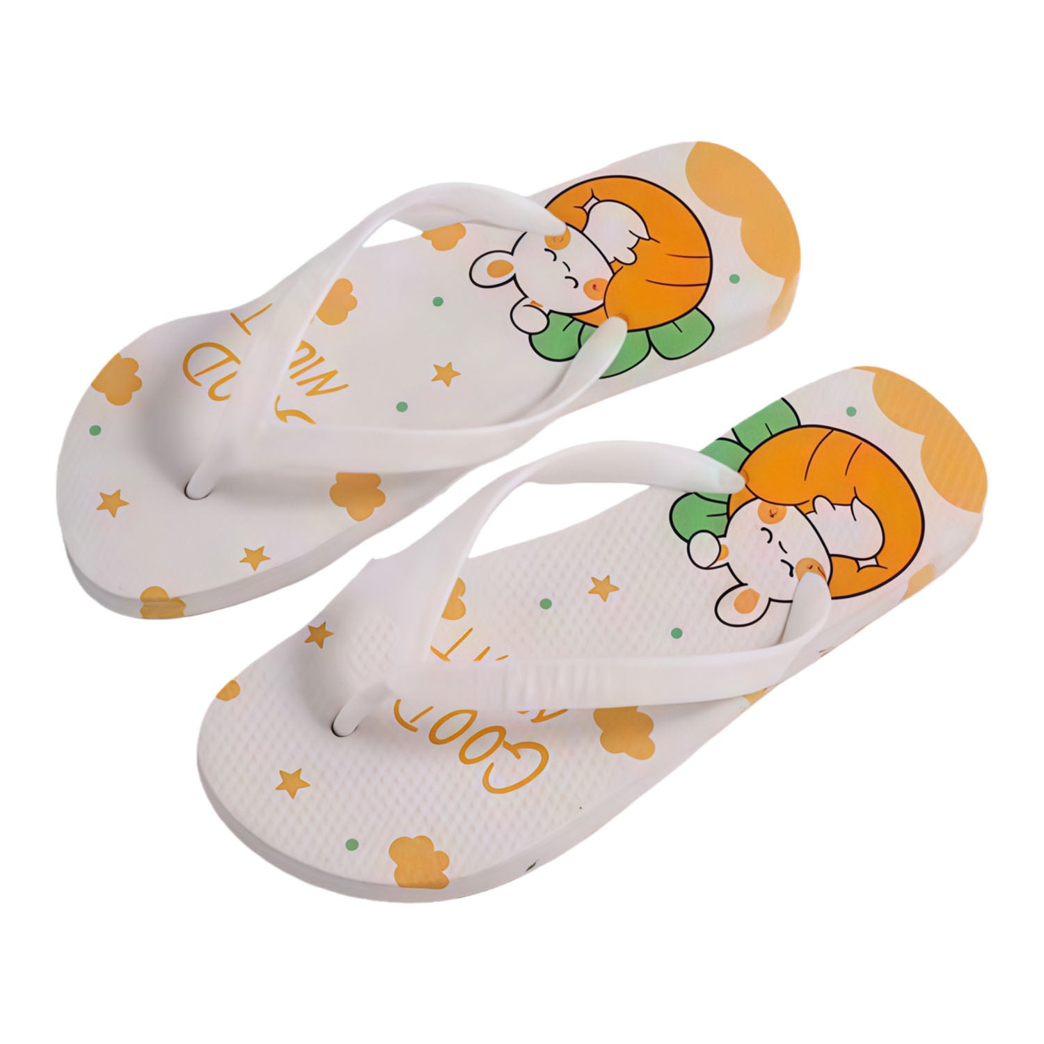 Girls’ flip-flop sandals with sleeping bunny print, white thong straps and cloud/star pattern.