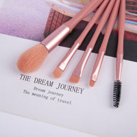 Makeup brush set with rose-gold handles and soft pink bristles, plus a spool brush
