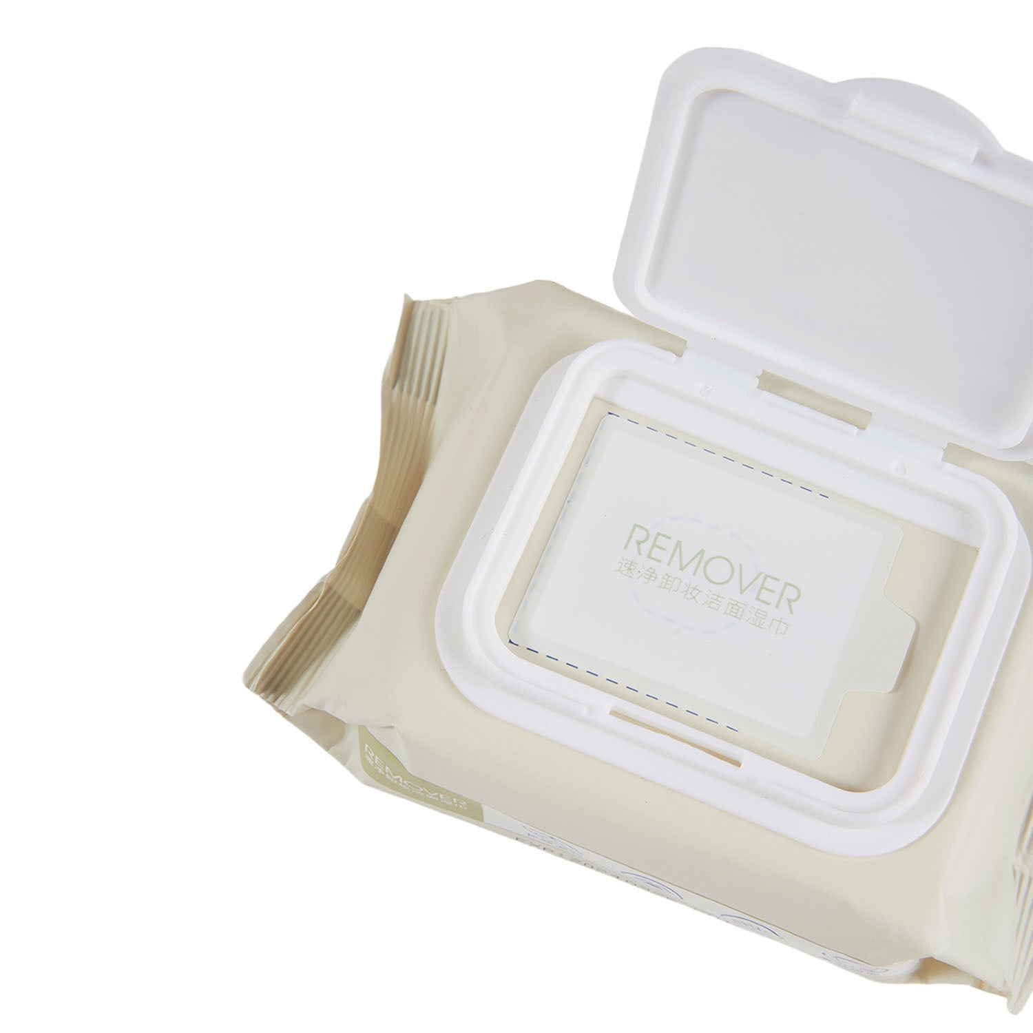 Makeup remover wipes in open case with one wipe pulled out