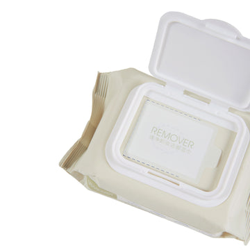Makeup remover wipes in open case with one wipe pulled out