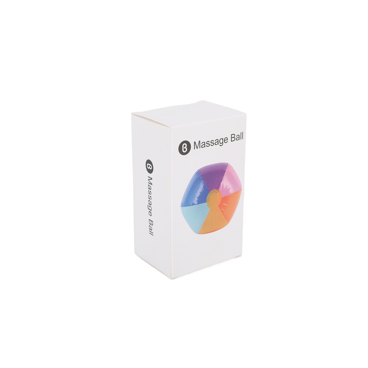 Massage ball product box with colorful wheel-style ball on side
