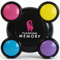 Flashing memory game console with four colored light buttons and centered logo