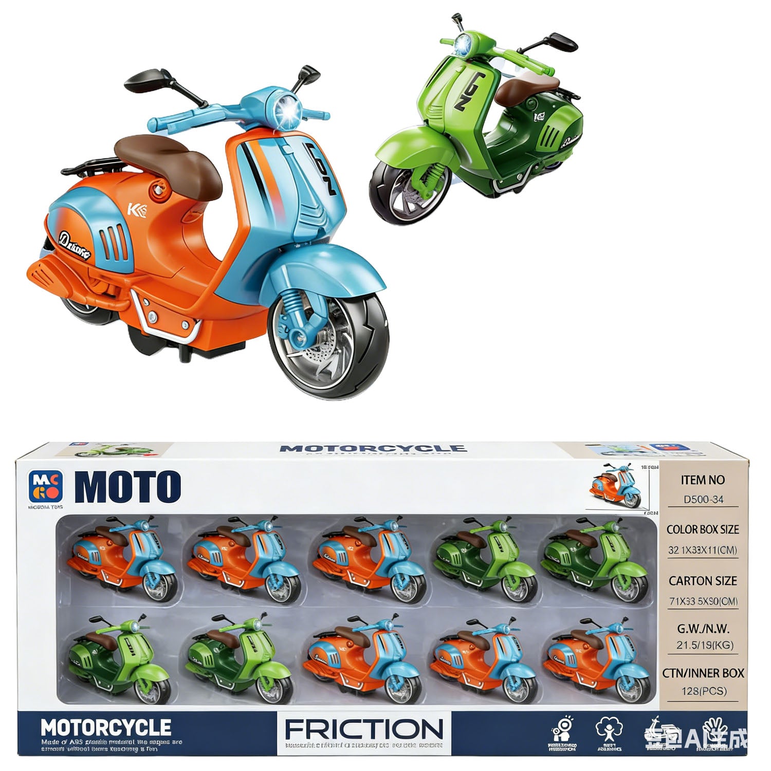 Friction toy motorcycle set in box, orange and green bikes