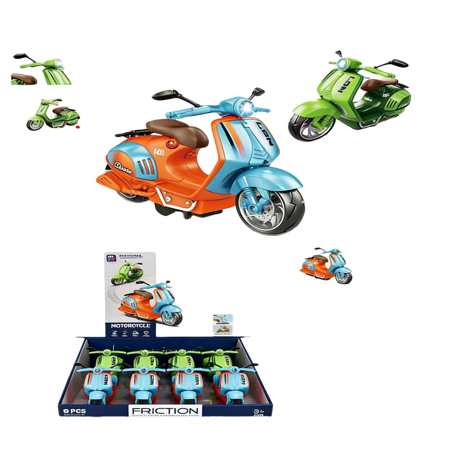 Friction toy motorcycle set with orange, blue, and green bikes in tray