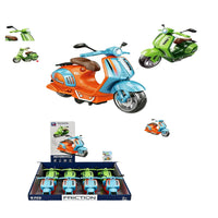 Friction toy motorcycle set with orange, blue, and green bikes in tray