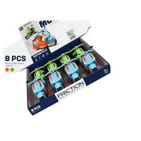 8-pack friction toy motorcycles in blue-and-green box, orange and green models