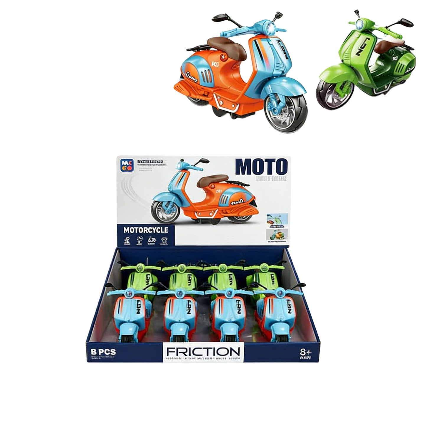 Friction toy motorcycle set box with orange, blue, and green bikes, 8 pcs