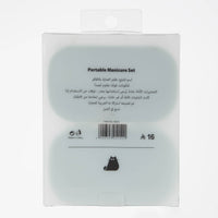 Retail package for manicure tool set with barcode and product details on back