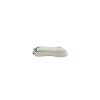 Nail clippers with gray textured body and small metal cutting head