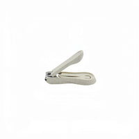 Nail clippers with gray speckled handle and open pivoted cutting blades
