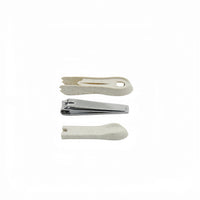 Nail clippers shown open, with metal cutting edge and gray textured frame