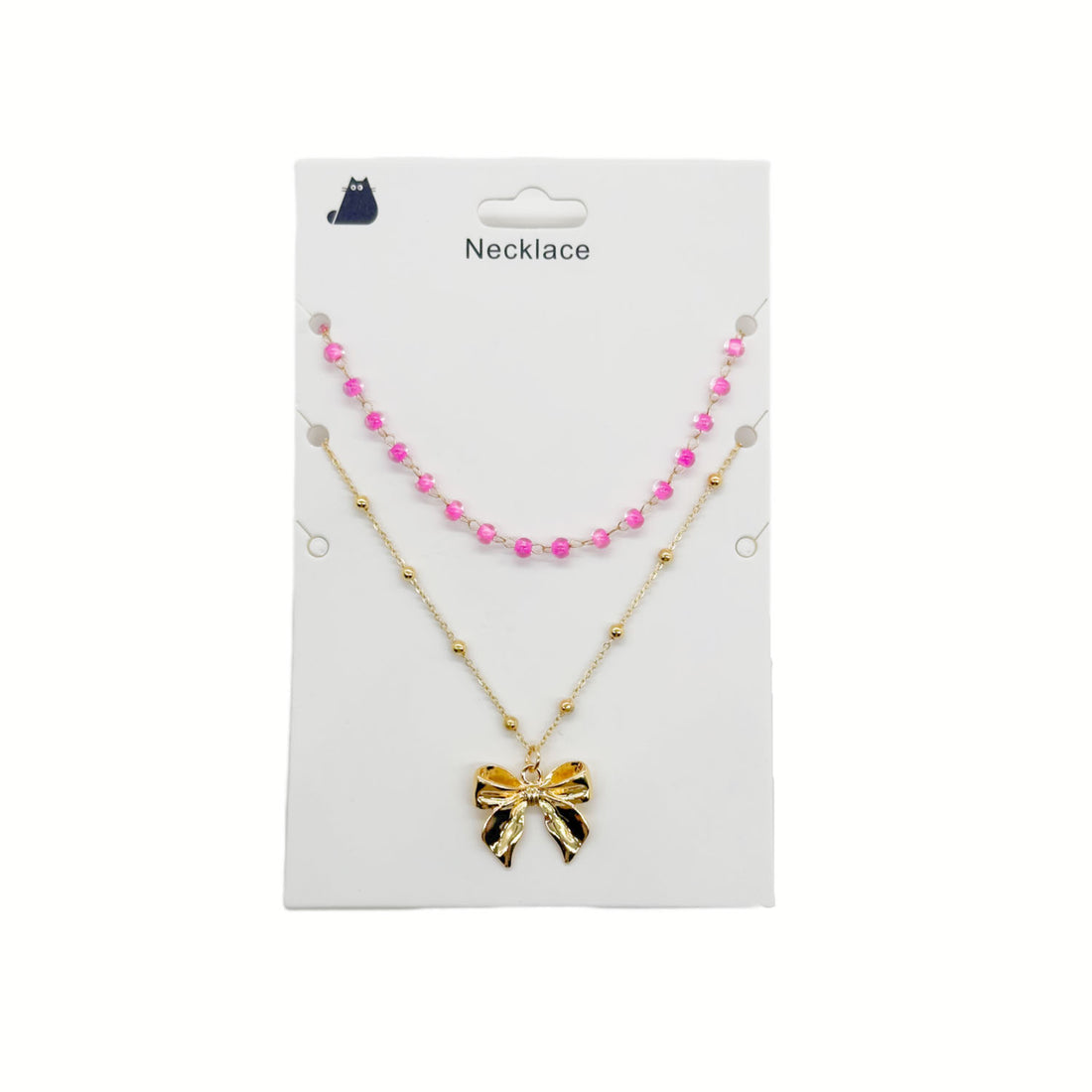Double Layer Necklace with Pink Beads and Bow Pendant 1