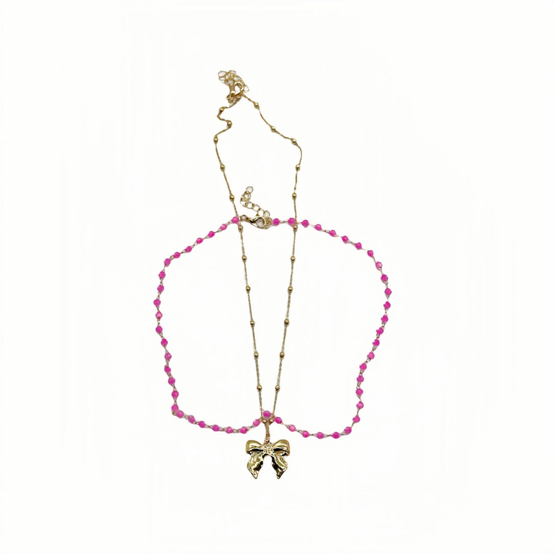 Double Layer Necklace with Pink Beads and Bow Pendant 2
