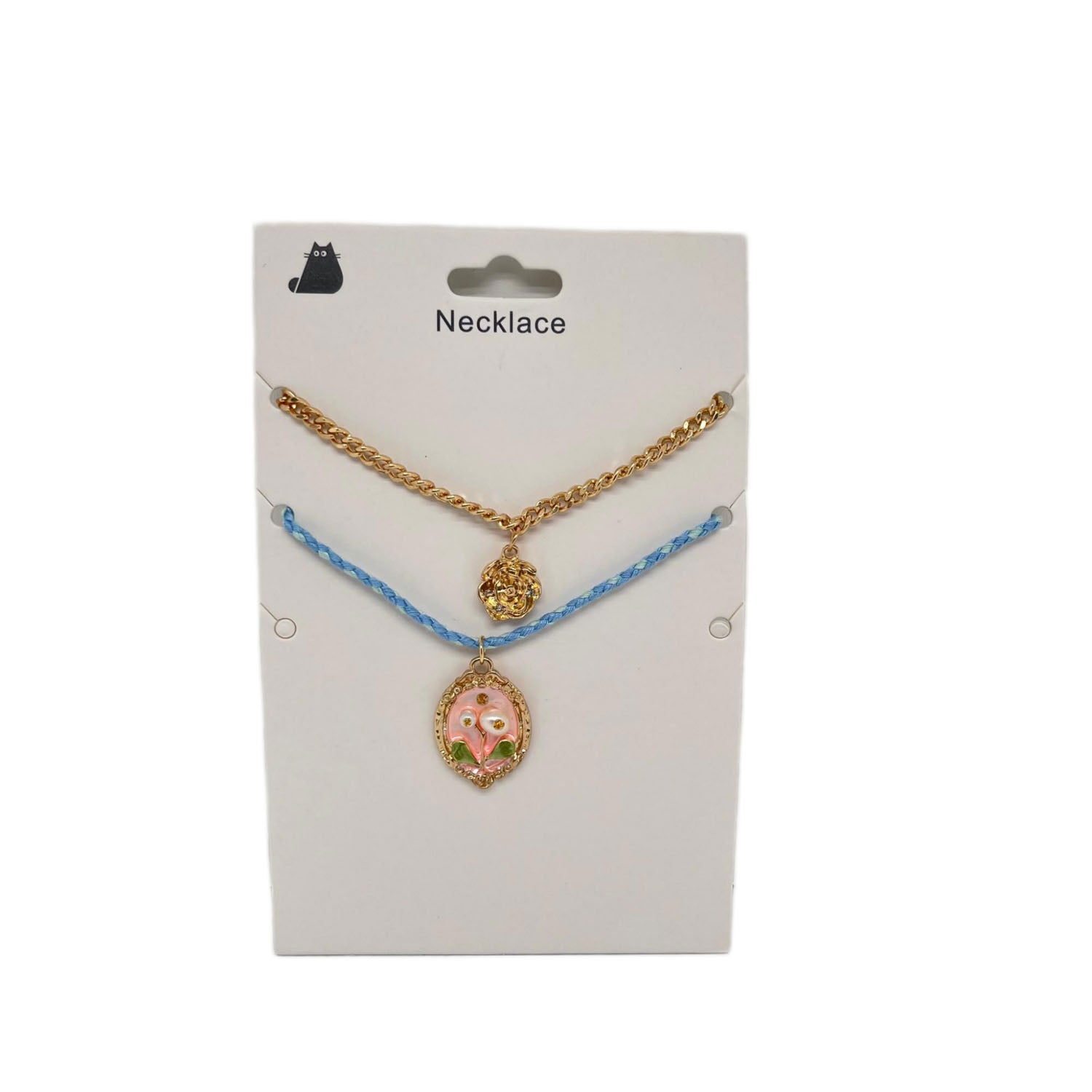 Double Necklace Set with Floral and Gold Design