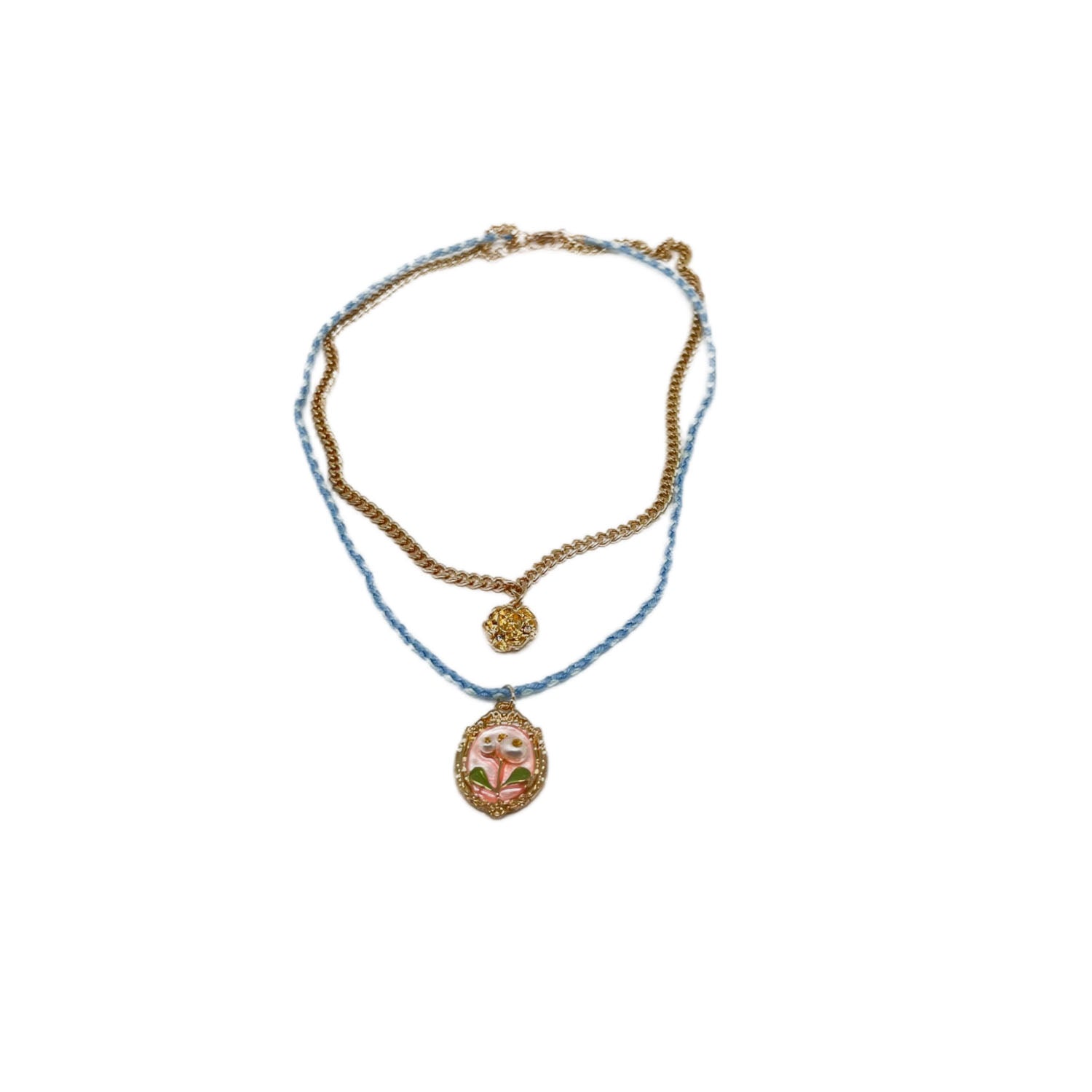 Double Necklace Set with Floral and Gold Design