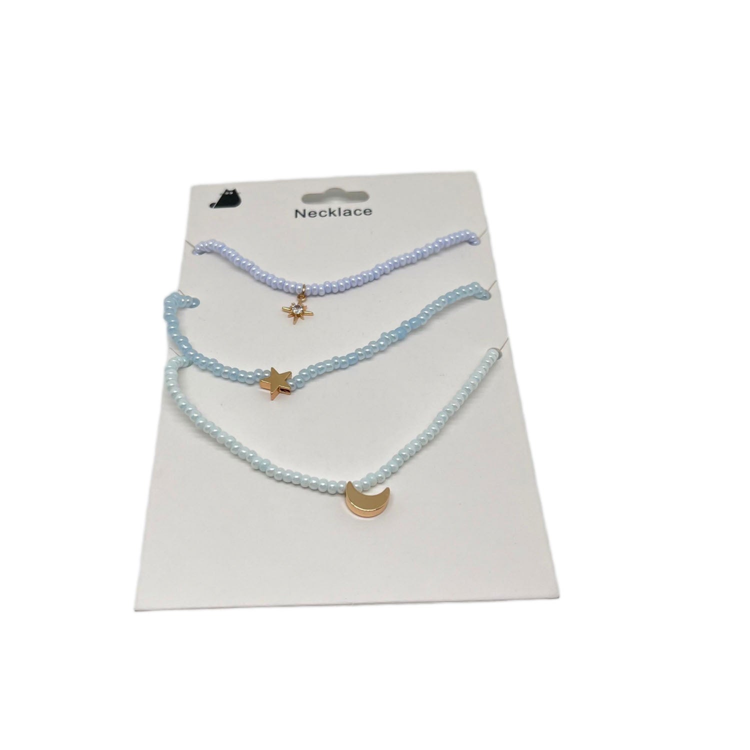Triple beaded necklace set with star and crescent moon charms in light blue tones