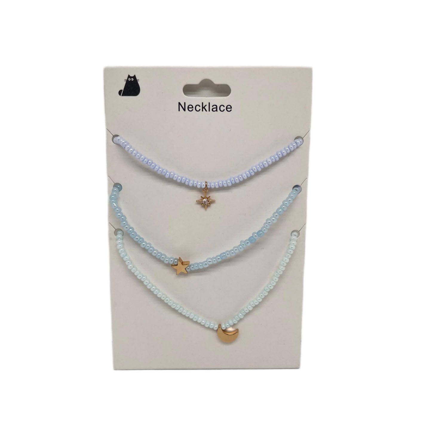 Triple beaded necklace set with star charms and crescent moon pendant, blue and lilac