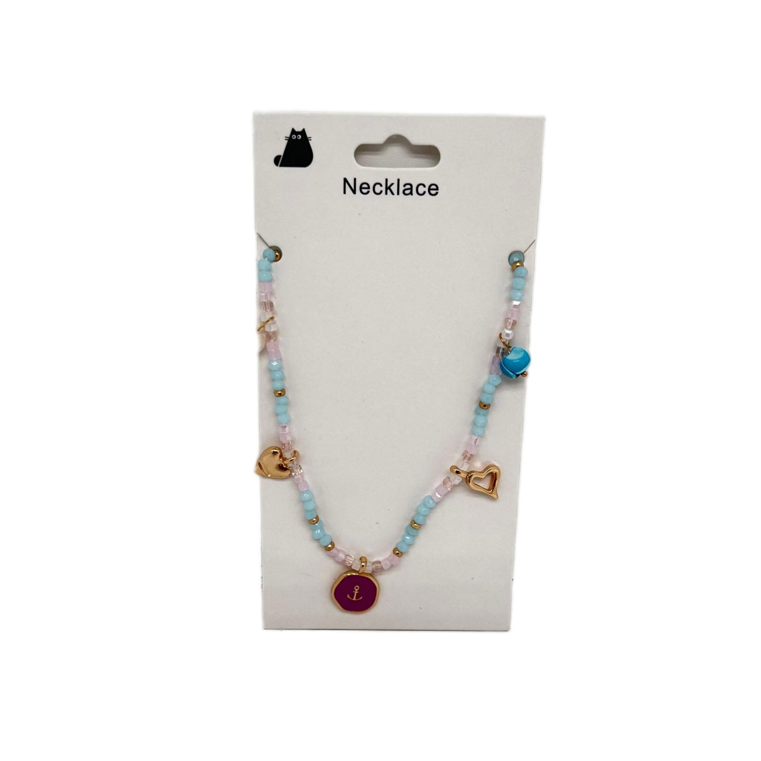Beaded Necklace with Gold Charms and Colorful Hearts 1