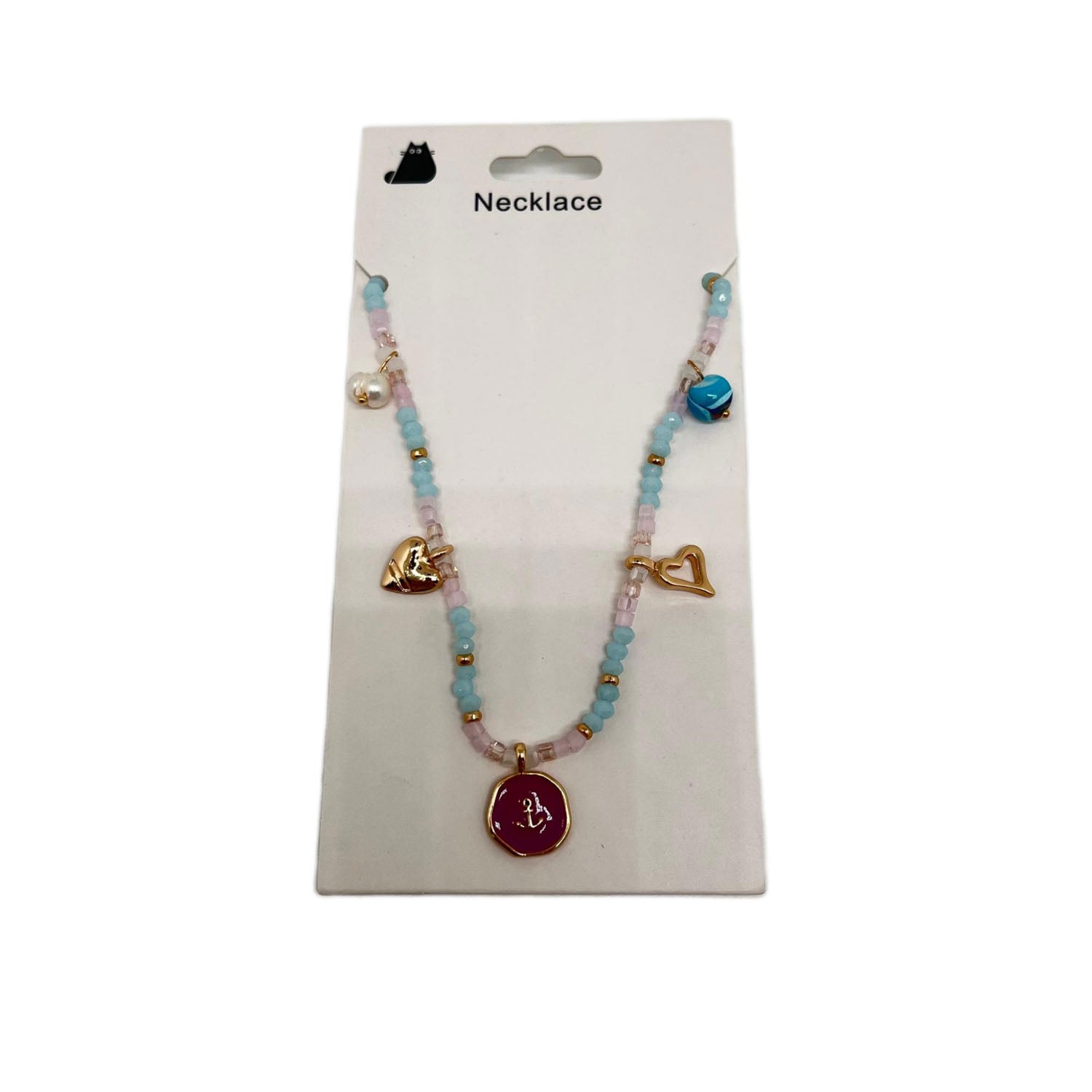 Beaded Necklace with Gold Charms and Colorful Hearts 4