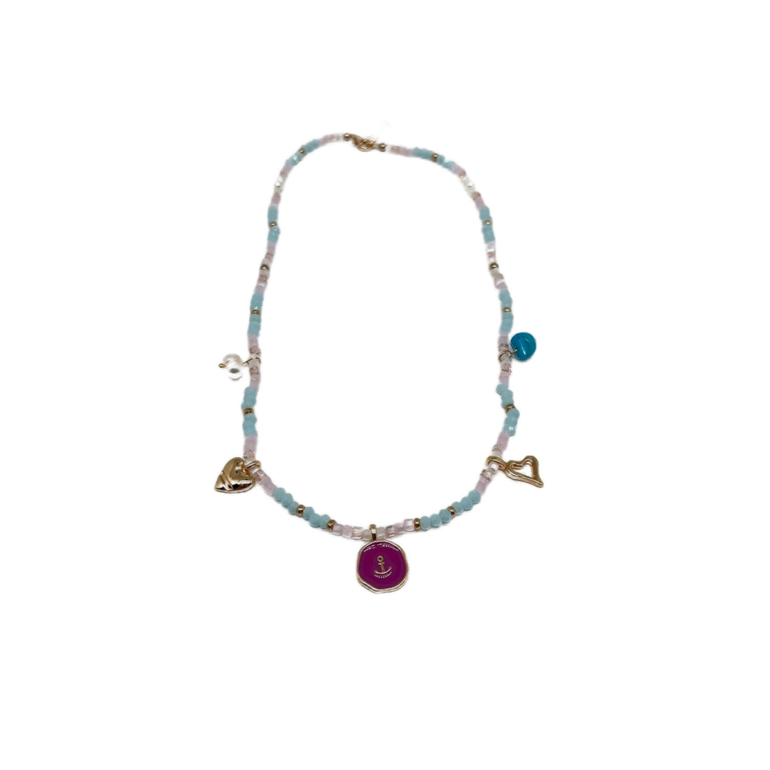 Beaded necklace with light blue bead strand, gold heart charms, purple round pendant