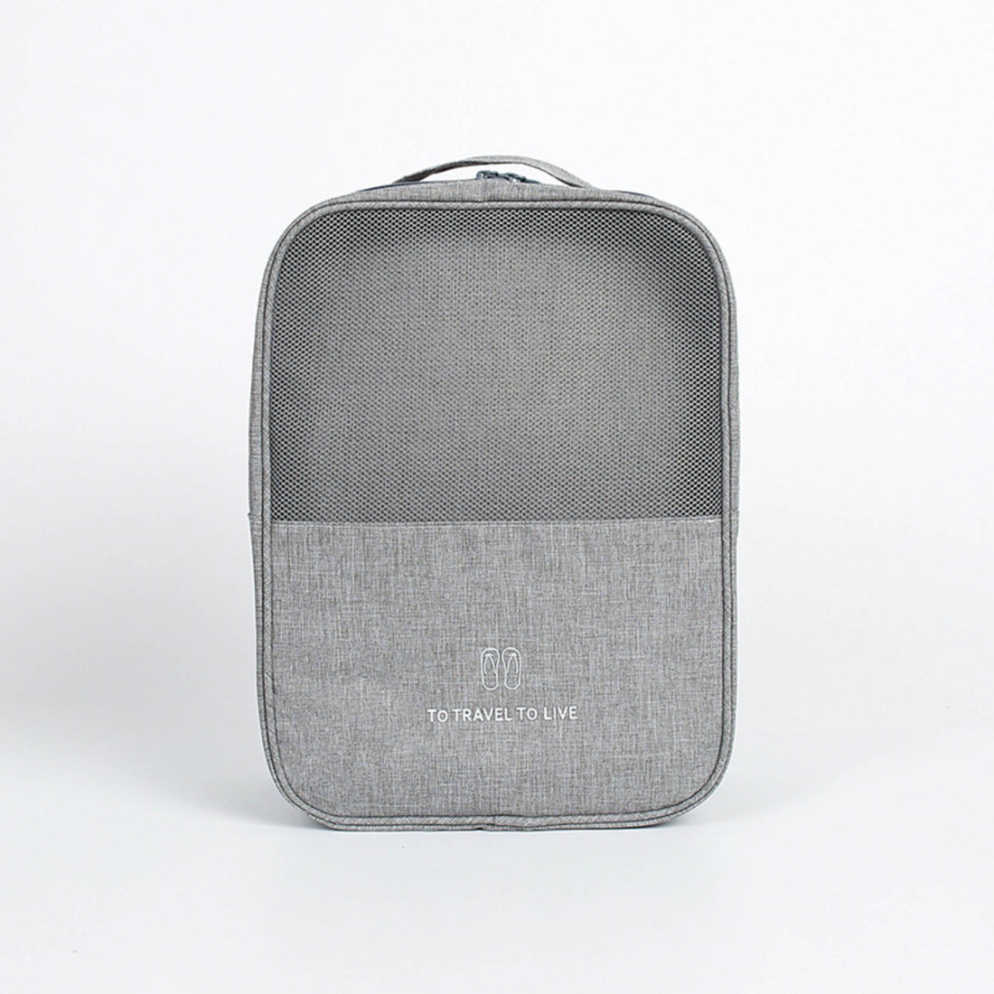 Grey travel shoe box with top handle and full zipper, textured fabric front panel