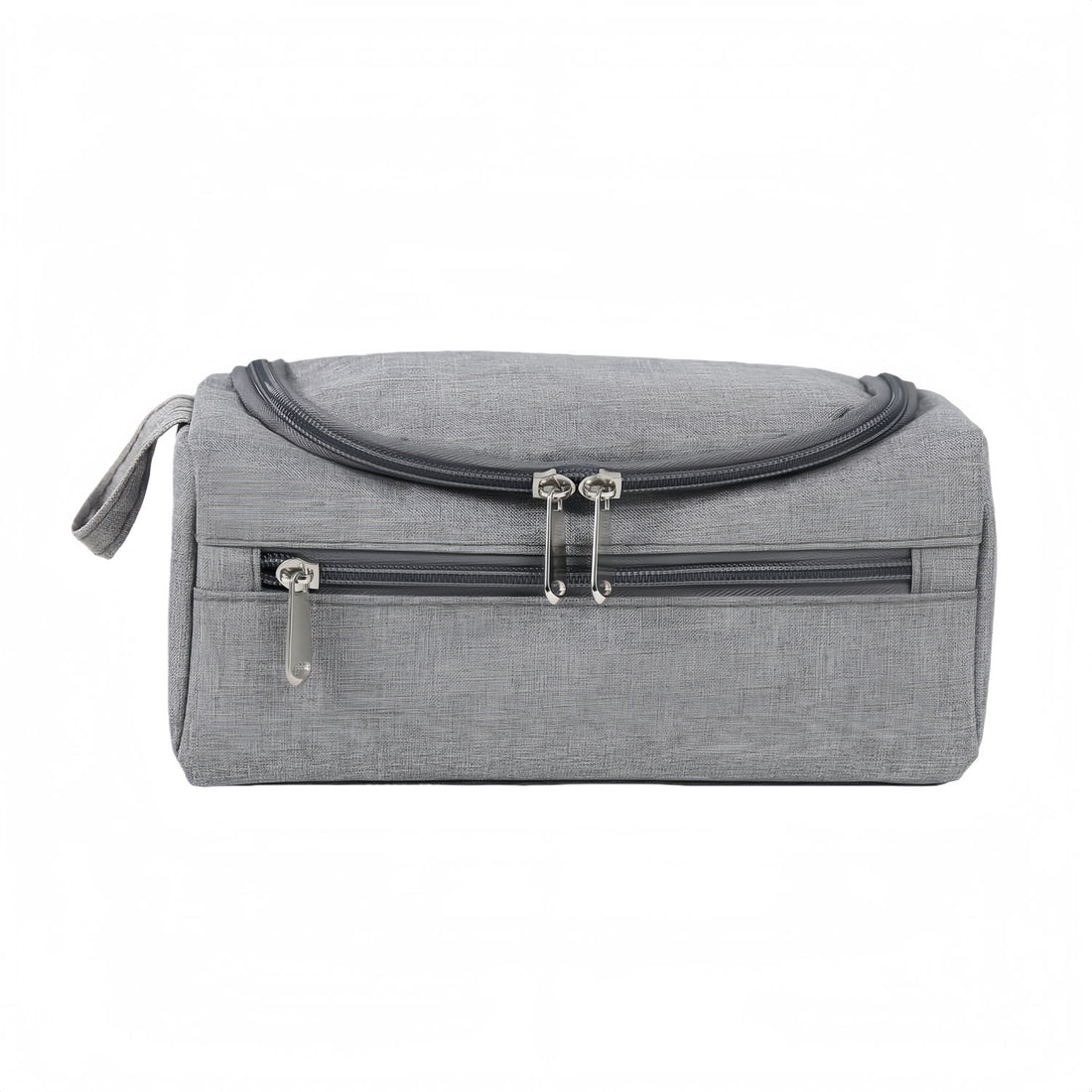 Multi-pocket travel bag with hanging hook, gray fabric with front zip compartments