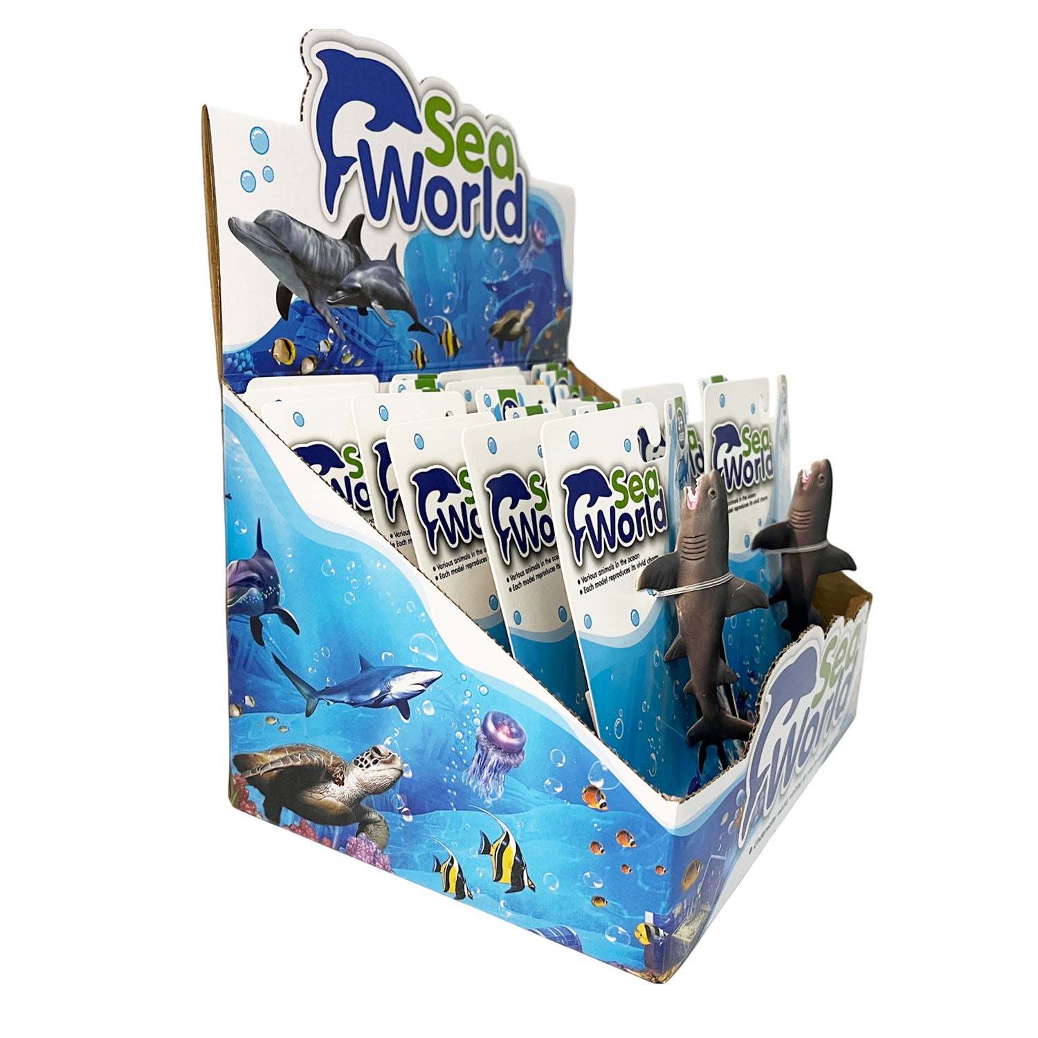 Sea World kids toy set box with ocean scene prints and standing animal figures