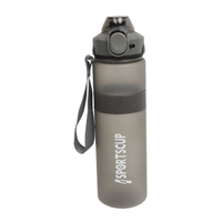 Plastic 1000ML sports bottle with flip-top lid and carry strap, grey with front logo