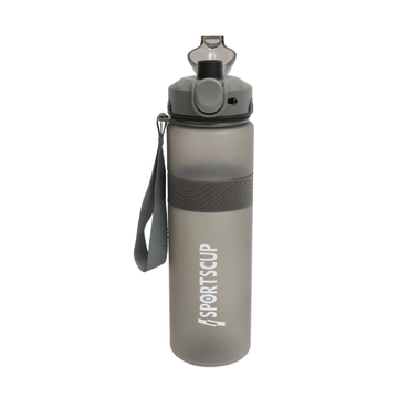 Plastic 1000ML sports bottle with flip-top lid and carry strap, translucent grey-gray