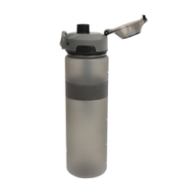 Plastic 1000ML sports bottle with open drinking spout and black push button, grey