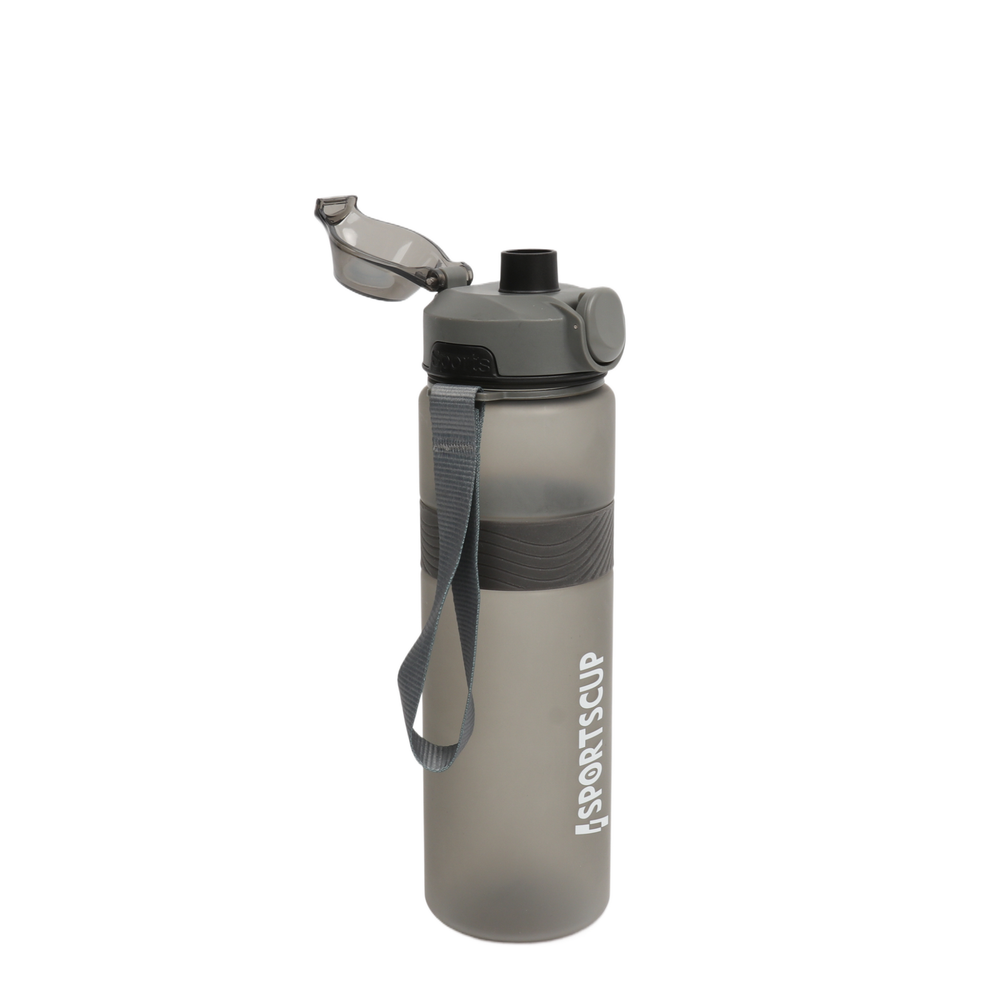 Plastic 1000ML sports bottle with open flip lid and carry strap, grey