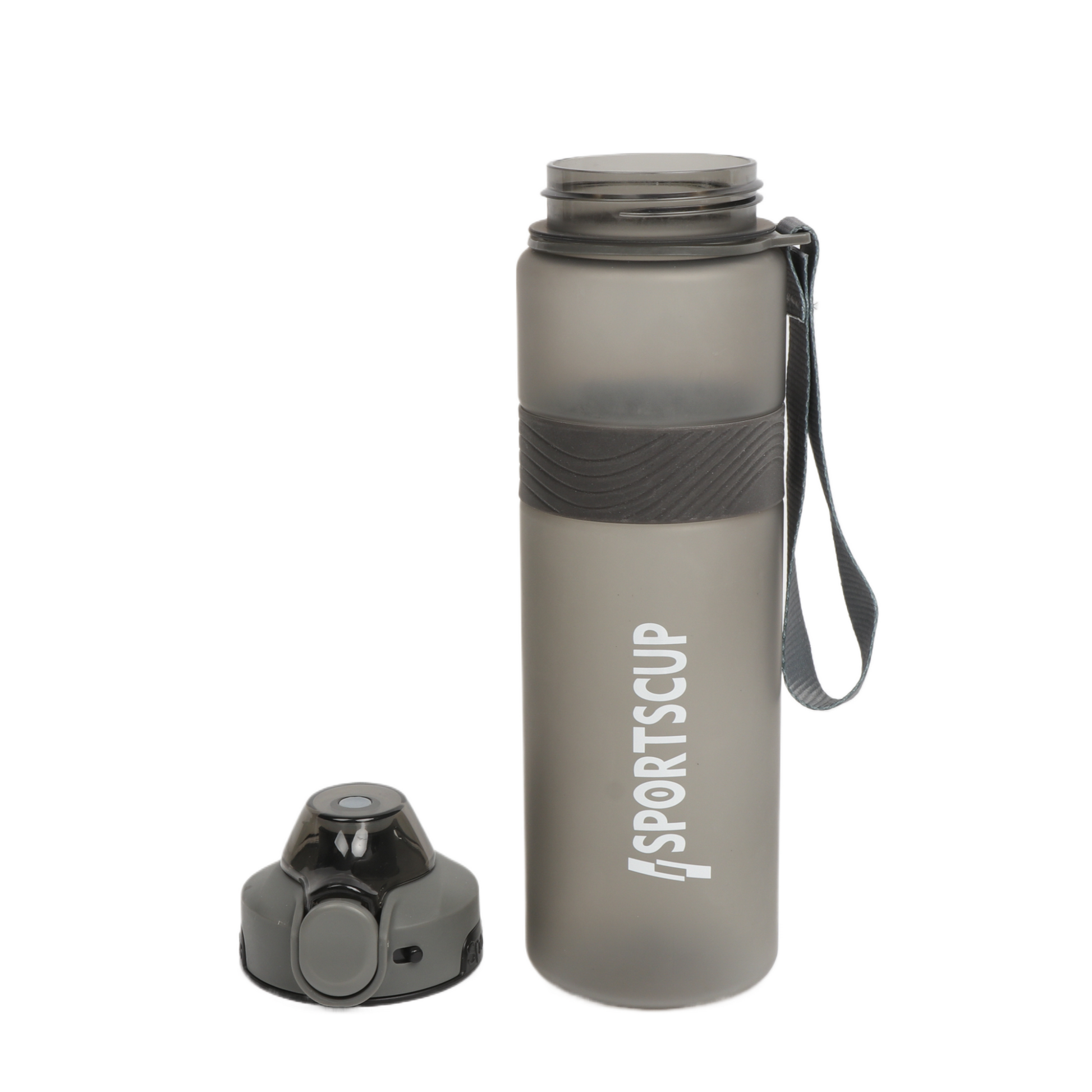 Plastic 1000ML sports bottle with flip-top lid, carry strap, and detachable base cap