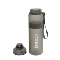 Plastic 1000ML sports bottle with flip-top lid, carry strap, and detachable base cap