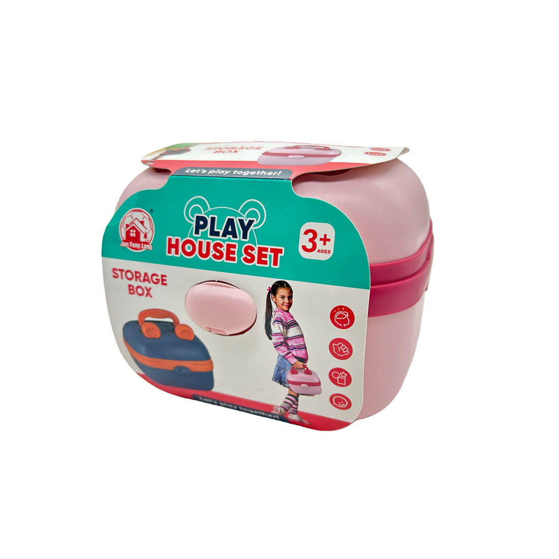 Kids play tool set storage box with red and teal house-themed design