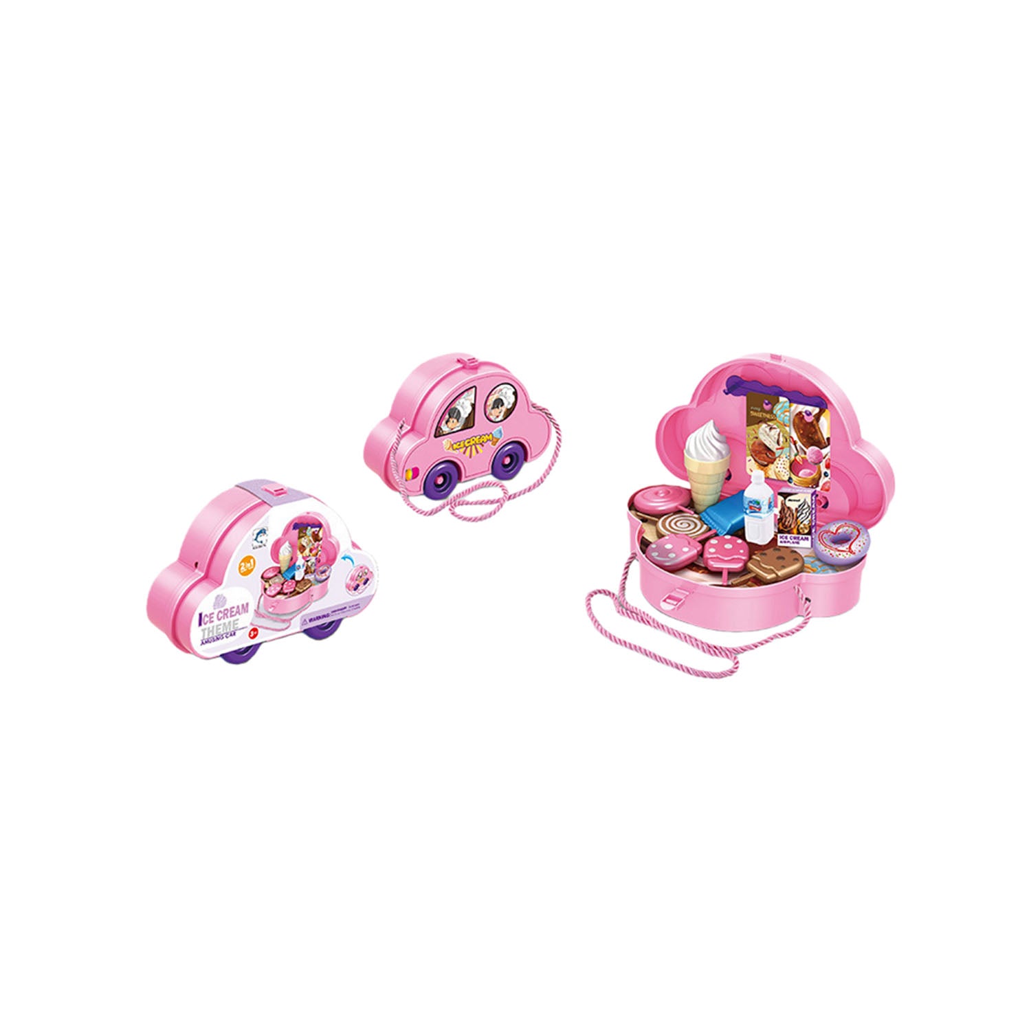 Ice cream theme portable toy car set showing three angles with pink character front