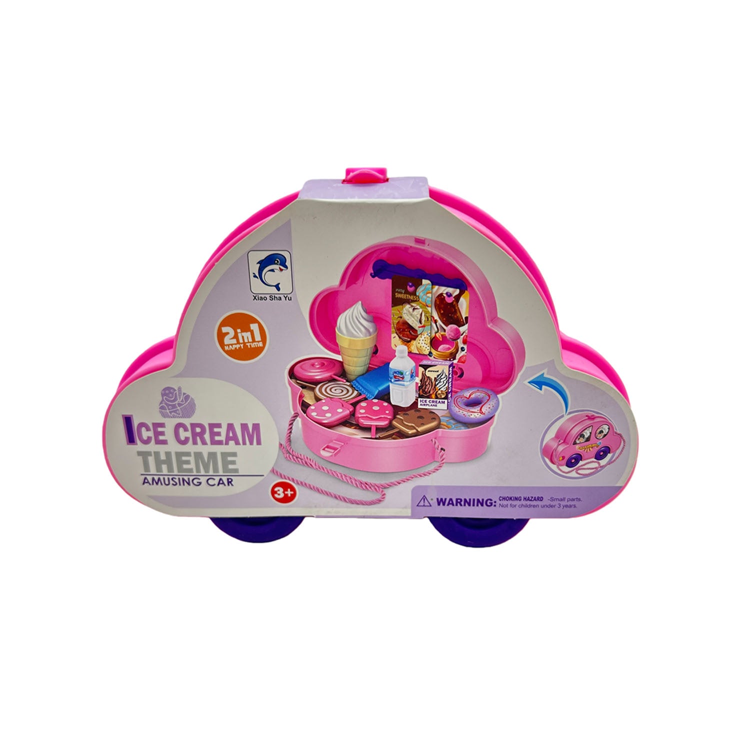 Ice cream theme portable toy car set with open play tray and pink accessory pieces