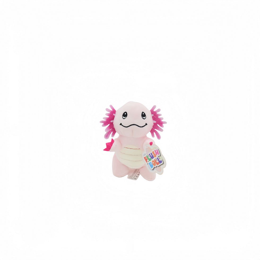 Purple plush toy with pink tentacles, smiling face, holding a colorful card