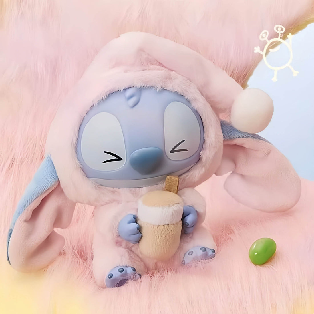Stitch plush pendant face in light blue hood with fluffy trim, small bunny ear detail