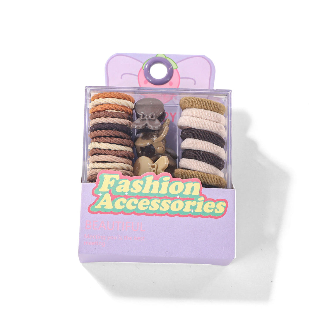 Hair rubber band set in purple case, assorted striped bands and dark hair ties