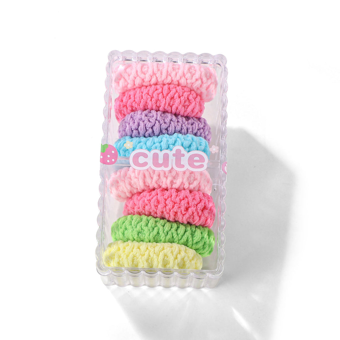 Crochet rubber band set in pastel pink, purple, blue, green, yellow in clear box