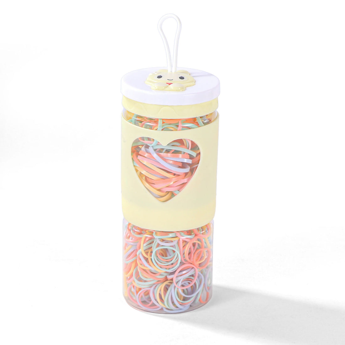 Rubber band set in clear jar with pastel heart design and assorted rainbow bands