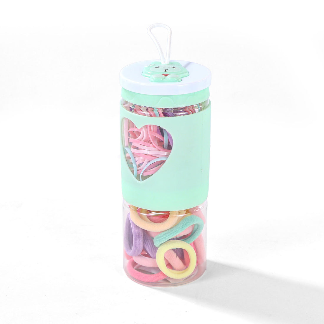 Mint rubber band container with assorted colorful bands, heart window, and flip lid