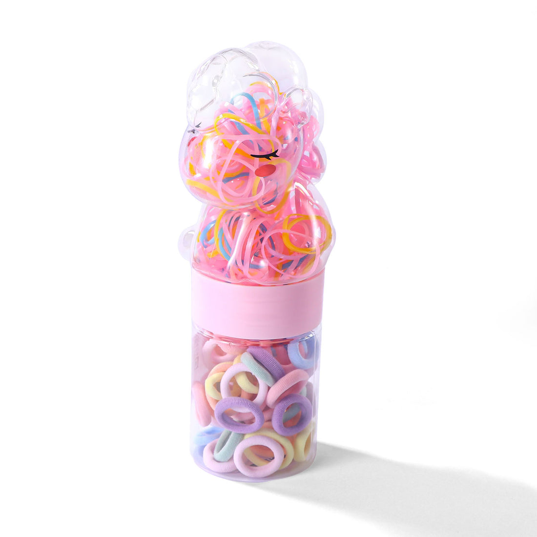 Rubber band set in clear container with mixed pastel rubber loops