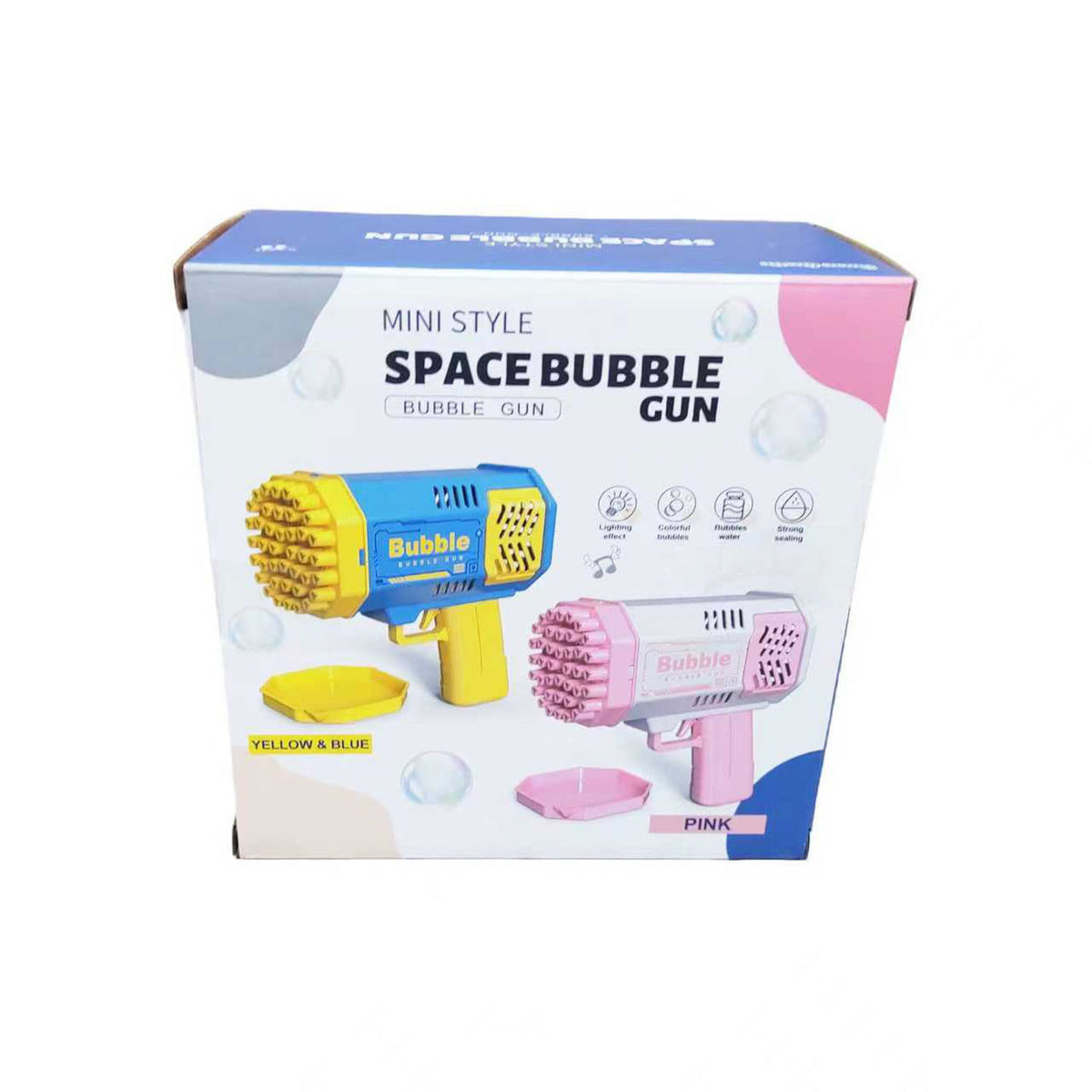 Mini space bubble gun box with pink and yellow gun images