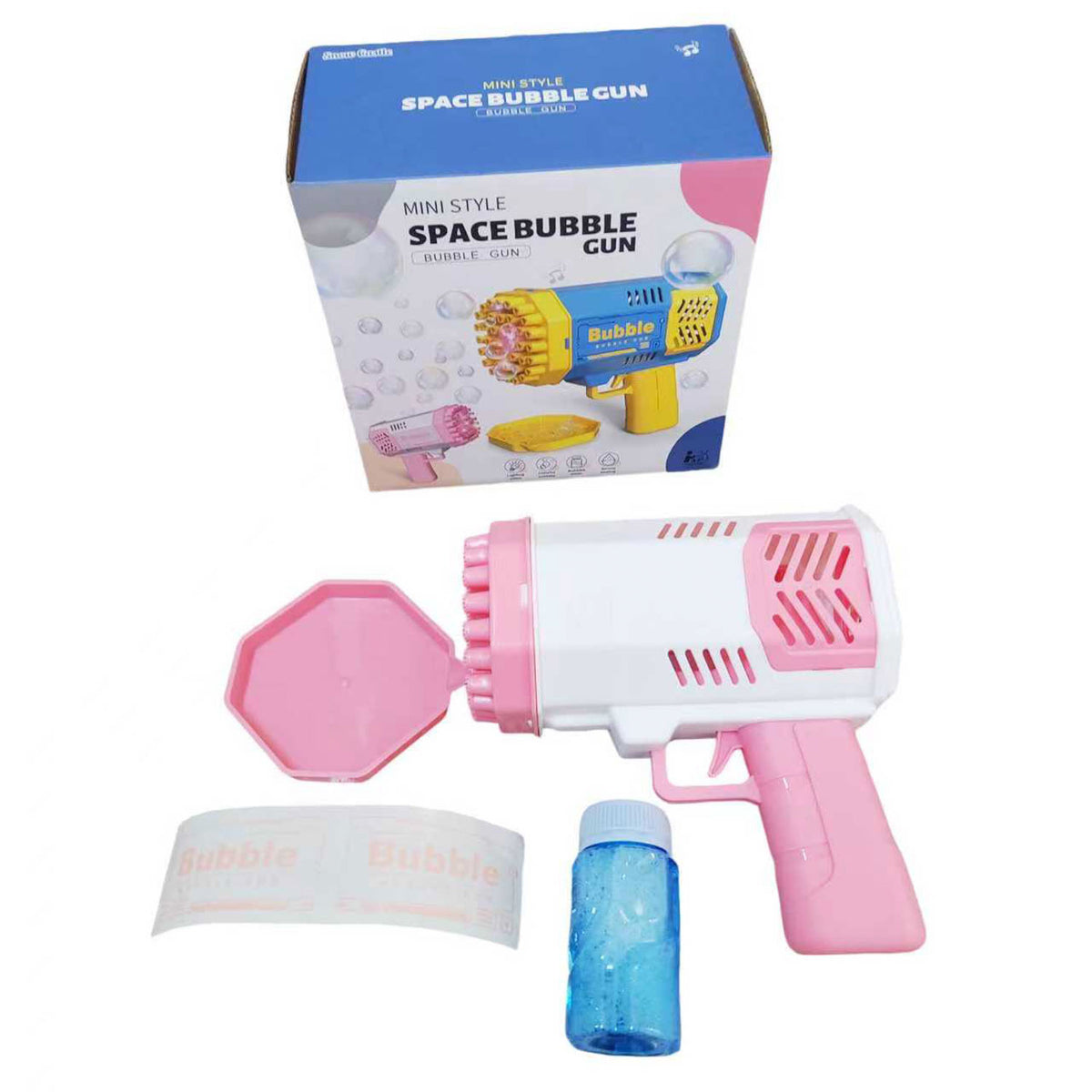 Pink mini space bubble gun with bubble bottle and refill tray
