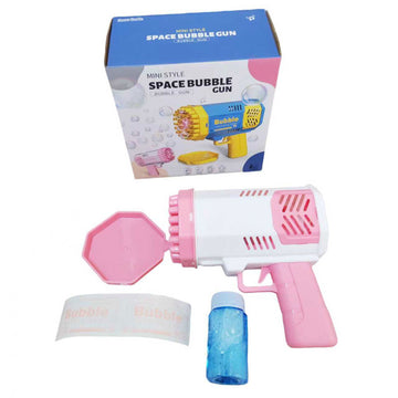 Pink mini space bubble gun with bubble bottle and refill tray