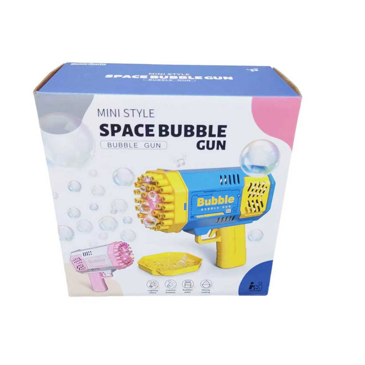 Mini space bubble gun box featuring a yellow gun