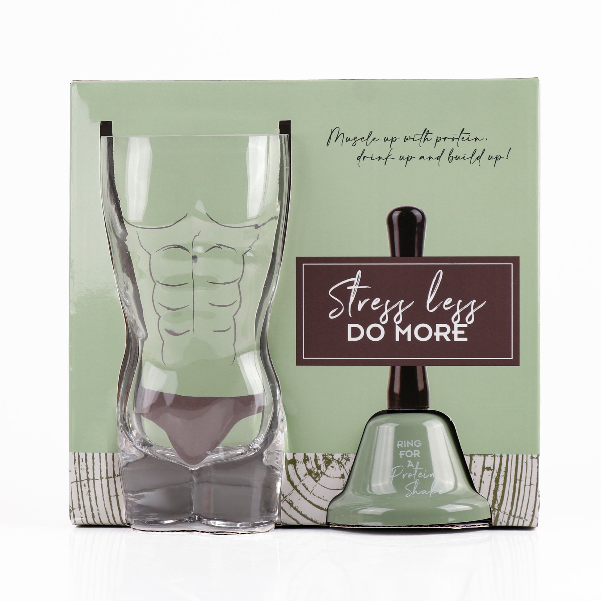 Clear glass cup with green base and black bell-shaped protein shaker accessory